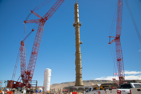 The 198-foot Duplex Plant Stack for the Sulfuric Acid Plant was safely raised and anchored into place.