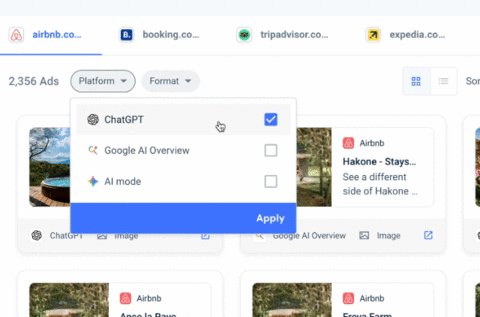 Similarweb's AI Ads Gallery shows a competitive analysis of ad placement across ChatGPT, and Google's AI Overviews and AI Mode