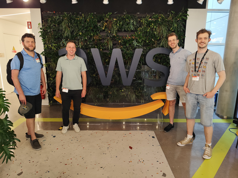 original The winning team from TASKING, Infineon and the German Aerospace Center received the competition's highest score for OEM purchase readiness. Members from left to right include Travis Bone (TASKING), Simon Achatz (Infineon), Felix Martin (TASKING) and Pablo Jahnen (German Aerospace Center).