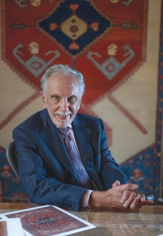 original Jan David Winitz, President & Founder of Claremont Rug Company. With Bakshaish Dragon & Phoenix Carpet, circa 1825, from his own collection.