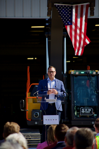 original Scott Young, Head of Region North America for Volvo Construction Equipment, speaks at a production expansion event Aug. 19, 2026, in Shippensburg, PA.