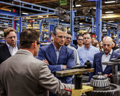 original Secretary Hegseth and leadership from Oshkosh observe integrated assembly line during facility tour