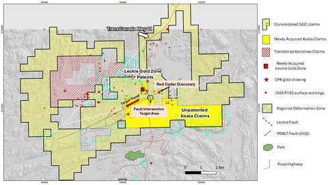 original Figure 1: Map of Strathy Gold Project Post Acquisition. Note additional 9.4km2 of claims adjacent to both the Leckie Gold Zone and Red Cedar Discovery