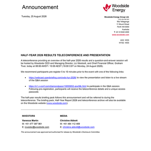 original Woodside Energy half-year results 2026 teleconference and briefing presentation
