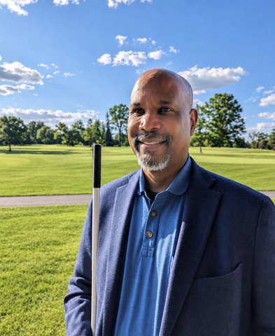 original Pictured: Anil Lewis, incoming LightHouse CEO, smiling outdoors in a navy blazer and holding a white cane.