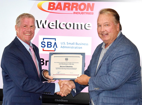 SBA Regional Administrator Brad Zaun (left) visited Barron Industries to present Great Lakes Region Manufacturer of the Year Award to President and CEO Bruce Barron. The recognition comes as Barron invests in increased domestic aerospace and defense manufacturing capacity, including a new $10 million Aerospace and Defense Advanced Manufacturing Technology Center (ADAMTeC) and vacuum-melt titanium investment casting capabilities. Barron's new 20,000-square-foot facility is expected to add approximately $25 million in production capacity and 50 skilled manufacturing jobs, expanding advanced machining, inspection and testing capabilities for mission-critical aerospace and defense components.