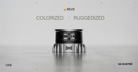 thumbnail Ouster Rev8 OS0 native color lidar, rated to 100 g shock and a 90 degree vertical field of view for autonomous orchard work