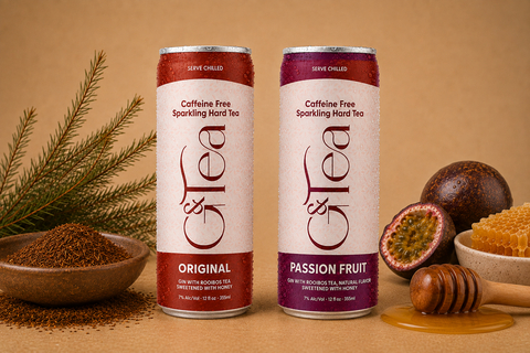 G&Tea's Original and Passion Fruit sparkling hard teas combine gin, South African rooibos tea and honey in a caffeine-free, ready-to-drink cocktail, shown here in 12oz cans.