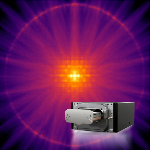 The Thermo Scientific™ EMPAD™ G2 detector is pictured with an electron diffraction pattern, illustrating the rich data captured through 4D STEM. (Photo Credit: Cornell University)
