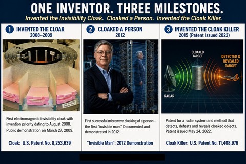 original The invisibility cloak inventor, Nathan Cohen, created and shaped technology’s major milestones: inventing the cloak, cloaking a person, and developing the countermeasure. Here his image (middle) is shown as the ‘first experimental Nathan Cohen’ where AI rendered Cohen with 24% accuracy. His wife did not recognize him.
