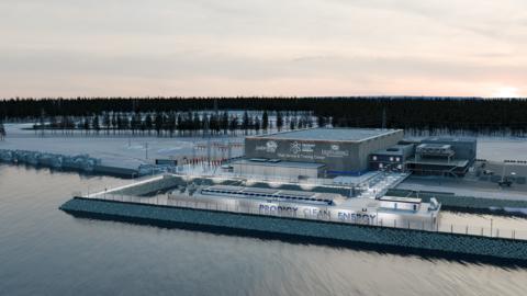 Prodigy Transportable Nuclear Power Plant (TNPP). Foreground illustrates approximate scale and footprint of a 50MWe marine variant TNPP. Background illustrates fleet operations support facilities. Image Credit: Prodigy Clean Energy.
