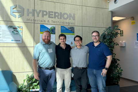 Shown standing (from left) are CADDi Director of Sales Marcin Zmarzly, Hyperion Business Insights Specialist Eduard Forns, CADDi VP of Solutions Eddie Takeda, and Hyperion Business Application Analyst Iker Ramos. Taken during a recent site visit at Hyperion in Barcelona, Spain. (CADDi photo)