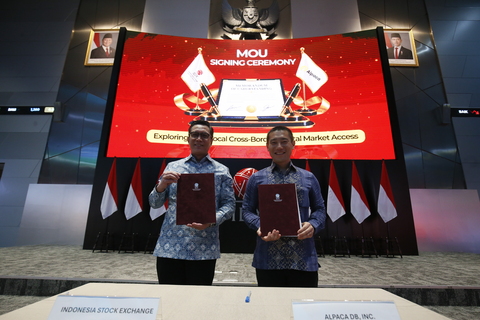 original Jeffrey Hendrik, President Director of the Indonesia Stock Exchange (left), and Yoshi Yokokawa, Co-Founder and CEO of Alpaca (right), sign an agreement to explore cross-border capital market access at the IDX Main Hall in Jakarta on September 1, 2026.