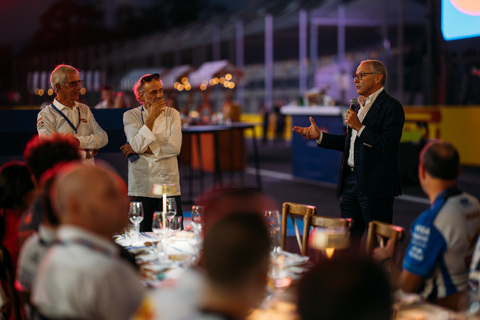 thumbnail From left: Paolo Barilla, Massimo Bottura, and Stefano Domenicali, at La Tavolata by Barilla on the Monza circuit.