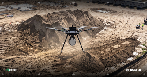 Ouster Rev8 OS1 Max on GeoCue's TrueView drone payload, mapping a construction site (product rendering).