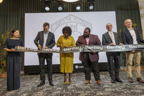 Ribbon cutting event held at Bentley Systems’ new Philadelphia, Pennsylvania office on September 3, 2026. L to R: Florence Zheng, Chief People Officer, Bentley Systems; Nicholas Cumins, CEO, Bentley Systems; Mayor of Philadelphia Cherelle L. Parker; Pennsylvania House Appropriations Committee Majority Chair Jordan A. Harris; Patrick Cozzi, Chief Platform Officer, Bentley Systems; and Julien Moutte, Chief Technology Officer, Bentley Systems (Image courtesy of Bentley Systems)
