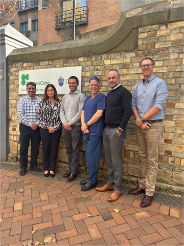 GenesisCare leaders gather outside the future home of the ZAP-X® Gyroscopic Radiosurgery® platform, which will soon expand access to advanced cranial radiosurgery in Australia. Pictured left to right are Michael Grace, Chief Medical Physicist - GenesisCare, NSW; Dr Sandy Sampaio, Radiation Oncologist - GenesisCare, NSW; David Crawford, Centre Leader - GenesisCare, NSW, Darlinghurst; Dr Ben Jonker, Neurosurgeon - St Vincent’s Hospital, Sydney; Richard Briggs, General Manager -  GenesisCare, NSW; Troy Sykes, Operations Manager - GenesisCare, NSW.