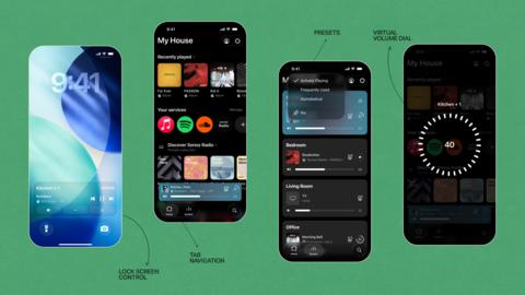 original Sonos 27app's redesigned navigation, shown with lock screen controls, saved Presets, and a new virtual volume dial.