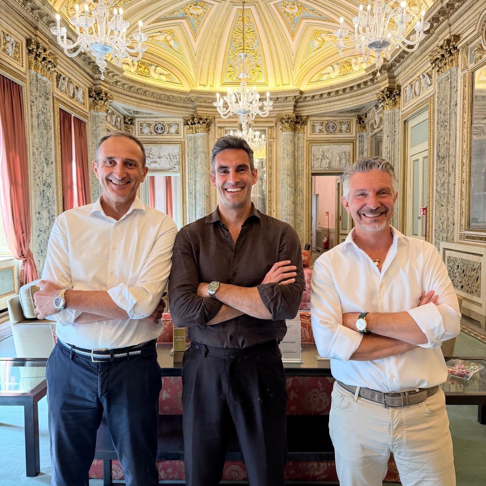 Alex Preece, CEO & co-founder of Tillo (center), with Andrea Verri (left) and Fabio Regazzoni (right), co-founders of Amilon, now a Tillo company.