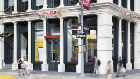 A Wells Fargo bank on a street corner.