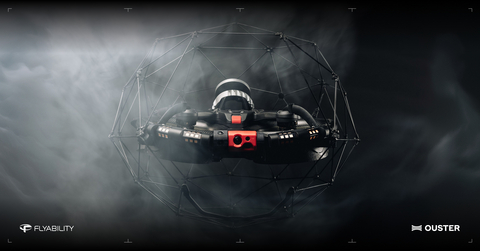 thumbnail Ouster's OS0 lidar mounted above the Elios 3 airframe, inside the drone's collision-tolerant cage