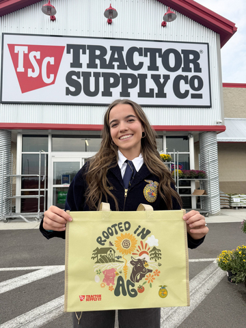 FFA member Mia Harman of Bonner Ferry, Idaho, shows off her winning bag design as part of a contest Tractor Supply hosted for FFA members. The first 20 customers at each store will receive a limited-edition tote. Mia’s winning design captures the essence of life on the farm with livestock, produce and an idyllic barn, and is centered around the phrase “Rooted in Ag."
