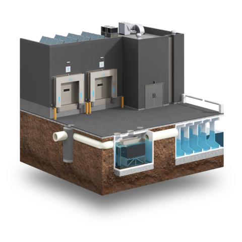 original SurgeSettler™ combines high-flow treatment, hydraulic efficiency, and a compact footprint to support demanding commercial and industrial stormwater applications. Shown here integrated with a StormTrap detention system.