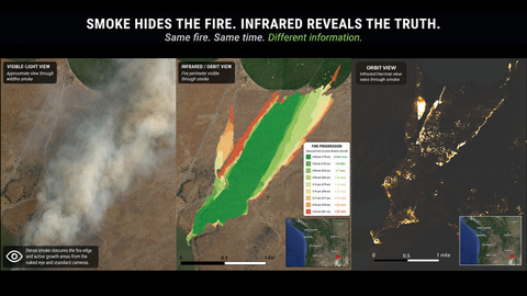 Comparison imagery demonstrates how ORBIT uses airborne thermal sensing and automated processing to identify wildfire activity and generate geolocated fire intelligence.