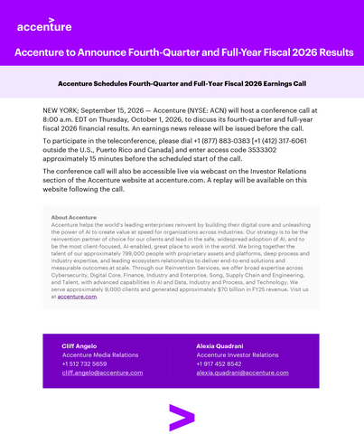 original Accenture will host a conference call at 8:00 a.m. EDT on Thursday, October 1, 2026, to discuss its fourth-quarter and full-year fiscal 2026 financial results.