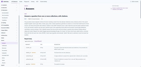 LM-Kit One's API reference: the Search Answers endpoint returns grounded, citation-backed answers generated directly from an organization's own document collections.