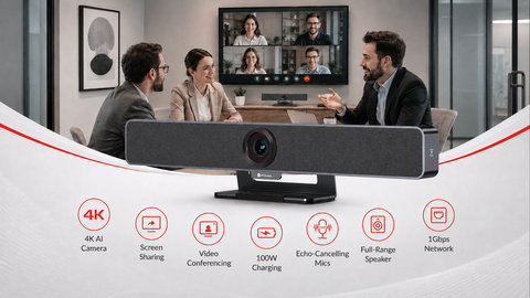 original AnyCo V100 One-cable BYOM-ready Video Bar for Small Meeting Spaces: Video, Audio, Sharing, Charging, and Network — All Through One USB C Connection.