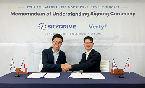 MOU signing ceremony: Tomohiro Fukuzawa, CEO of SkyDrive Inc. (left), and Dong-Woo Kim, CEO of Verty Co. Ltd. (right)