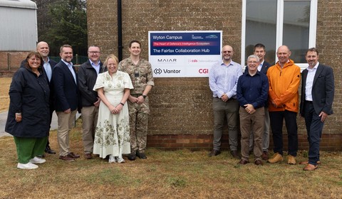 Vantor's Mike Buckley with RAF Wyton officials, council and industry partners at the FAIRFAX Collaboration Hub opening.