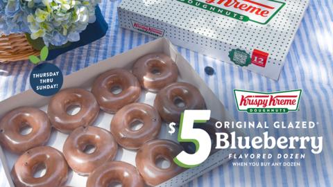 Available for four days only, Sept. 17–20, get a dozen Original Glazed® Blueberry Flavored Doughnuts for just $5 with the purchase of any dozen at regular price