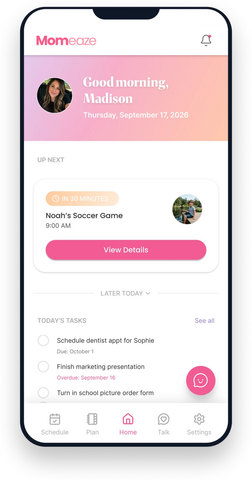 original The Momeaze home screen shows a mother what's coming up next week, the day's tasks, and one-tap access to Mayla, the app's in-app assistant. (Image courtesy of Momeaze)