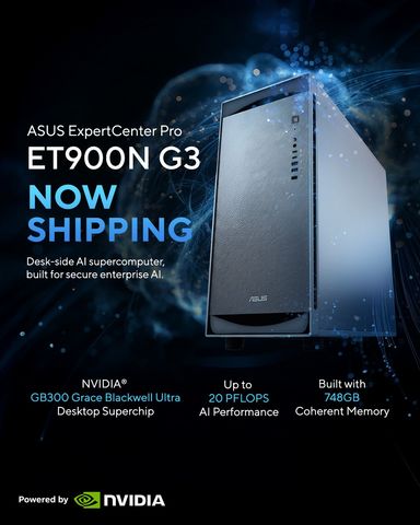 The ASUS ExpertCenter Pro ET900N G3 deskside AI supercomputer is now shipping. It is powered by the NVIDIA GB300 Grace Blackwell Ultra Desktop Superchip and delivers up to 20 PFLOPS of AI performance with 748GB of coherent memory. The ET900N G3 is built for secure enterprise AI, so organizations can develop, fine-tune, and run large AI models on their own premises.