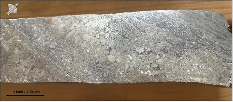 Figure 1 – Massive pyrite with chalcocite-bornite-chalcopyrite from DDH SBM26-09, Black Rock Copper Vein, at a downhole distance of 662.3 meters (2,173 feet).