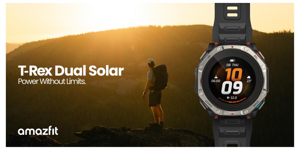 アマズフィット、両面ソーラー充電システムを搭載した世界初のAMOLEDスマートウォッチ「T-Rex Dual Solar」を発表