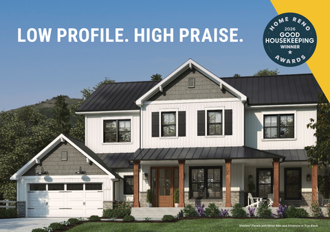 The Slimline® concealed fastener metal roofing panel from Fortify Building Solutions™, shown in True Black, was selected as a Good Housekeeping 2026 Home Reno Awards winner. Image courtesy Fortify Building Solutions™ / Cornerstone Building Brands.