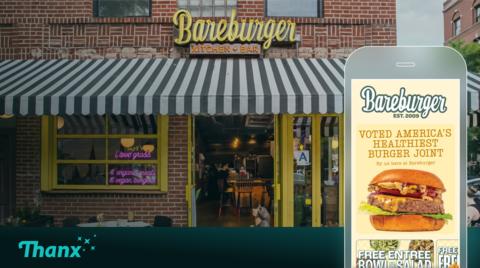 Image of Bareburger's new mobile app with a Bareburger storefront and Thanx logo.