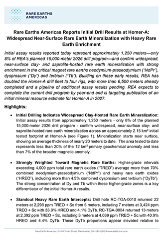 original REA’s full announcement detailing the initial drill results from Homer-A, which highlight widespread near-surface rare earth mineralization with heavy rare earth enrichment.