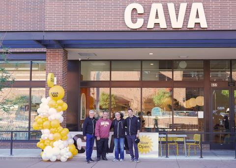 CAVA's four co-founders (from left to right: Brett Schulman, Chef Dimitri Moshovitis, Ike Grigoropoulos, and Ted Xenohristos) gathered today at the celebratory ribbon-cutting ceremony and check presentation to The Food Group, CAVA's official Community Day partner for this opening.