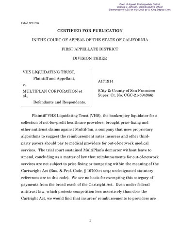original Court of Appeal Opinion — VHS Liquidating Trust v. MultiPlan Corporation et al., California Court of Appeal, First Appellate District, Division Three, Docket Number A171914 (filed Sept. 21, 2026)