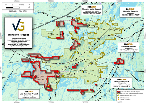 original Figure 1 : La propriété Horsefly de Visible Gold comprend désormais 643 claims couvrant 360 km², adjacents au complexe minier Nelligan d'IAMGOLD, dans le camp minier de Chibougamau, au Québec.