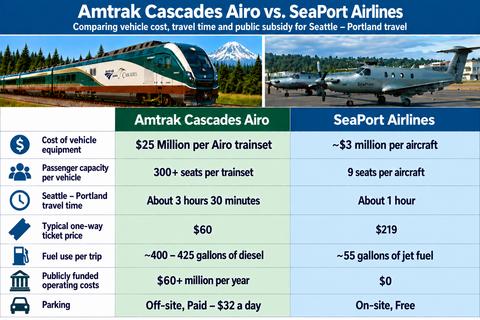 original A Comparison of Amtrak's new Airo Cascade route vs. SeaPort Airlines. SeaPort saves hours of time, billions of dollars in public funds, and is more convenient in every way. SeaPort provides the only way to commute between Seattle and Portland in the same business day. Operating out of Boeing Field (BFI) means free parking, no TSA, and no crowds.