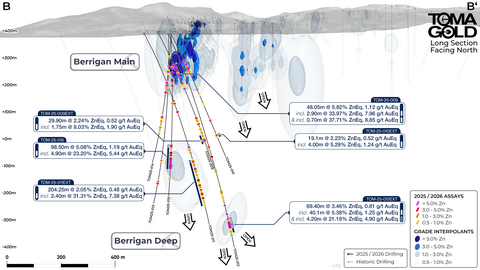 Figure 1: Long Section of the Berrigan Main and Deep Zones Facing North.