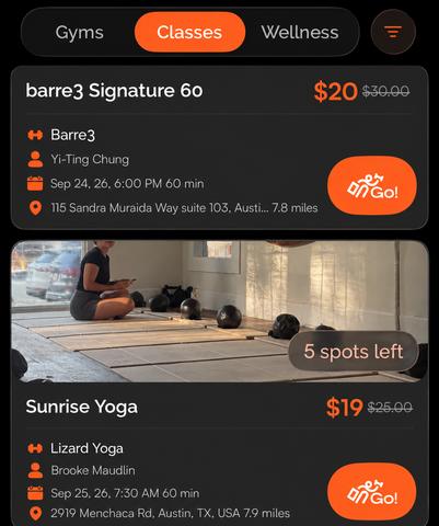Goer shows Austin fitness classes with last-minute prices and available spots, all bookable without a subscription. (Image courtesy of Goer)
