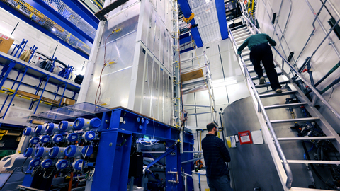 Argonne’s multi-story NSTF allows for study of steam and water flow in nuclear reactor designs given changes in power, pressure, the height of water inlets and more. (Image by Argonne National Laboratory.)