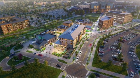 original Updated rendering model of The Grounds shows the five distinct buildings of its Phase I Retail Village at center, with student apartments on left and office building in background on right. Credit: Carter / Front Street Capital