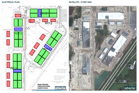 Left: campus electrical plan (sheet SO-E01-00). Green blocks are data modules, blue blocks are spines and red blocks are the 13 planned central utility plants. Right: Vantor satellite imagery, 10 September 2026.